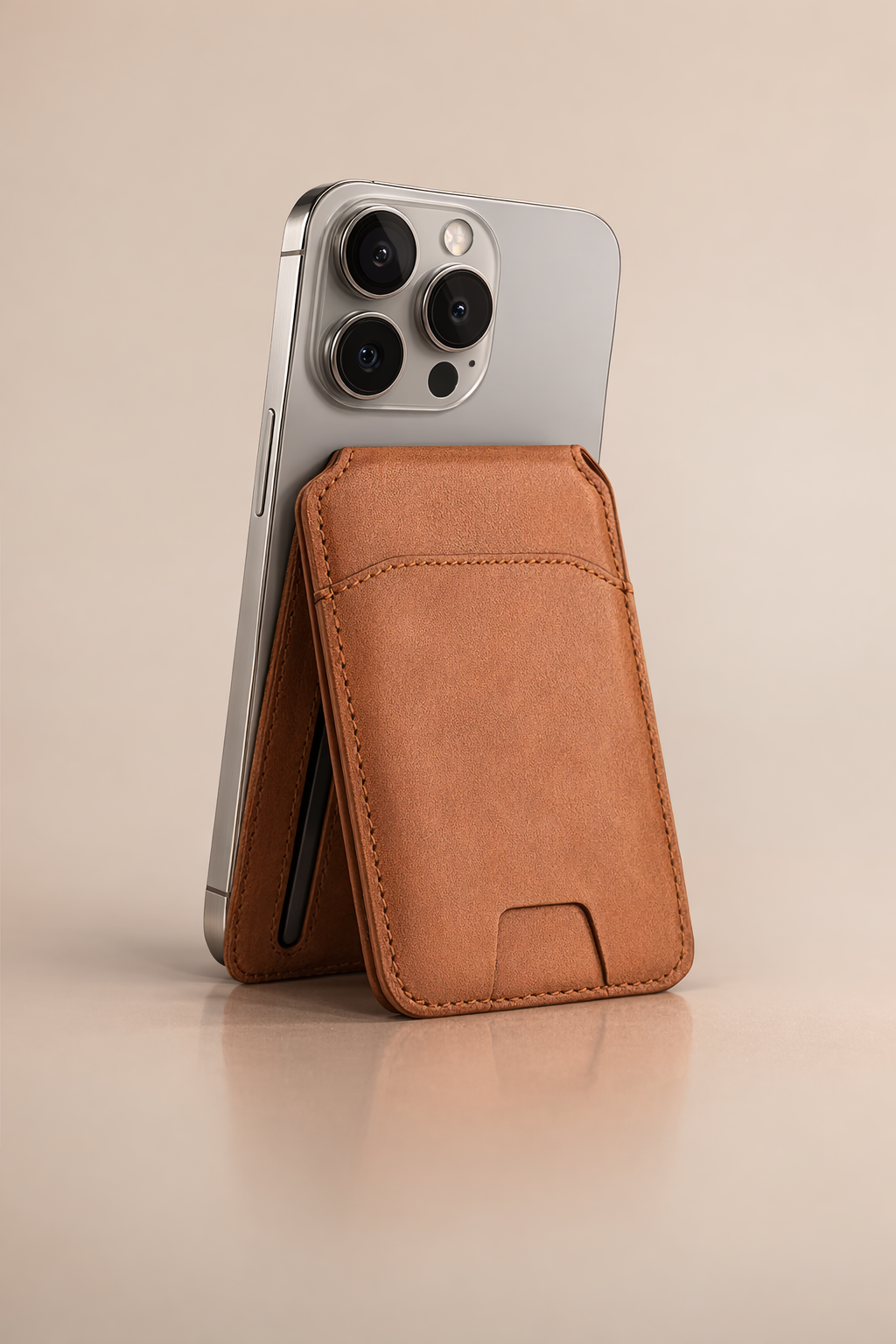 KORTH STOCKHOLM MagSafe-plånbok i läder mot en neutral bakgrund.